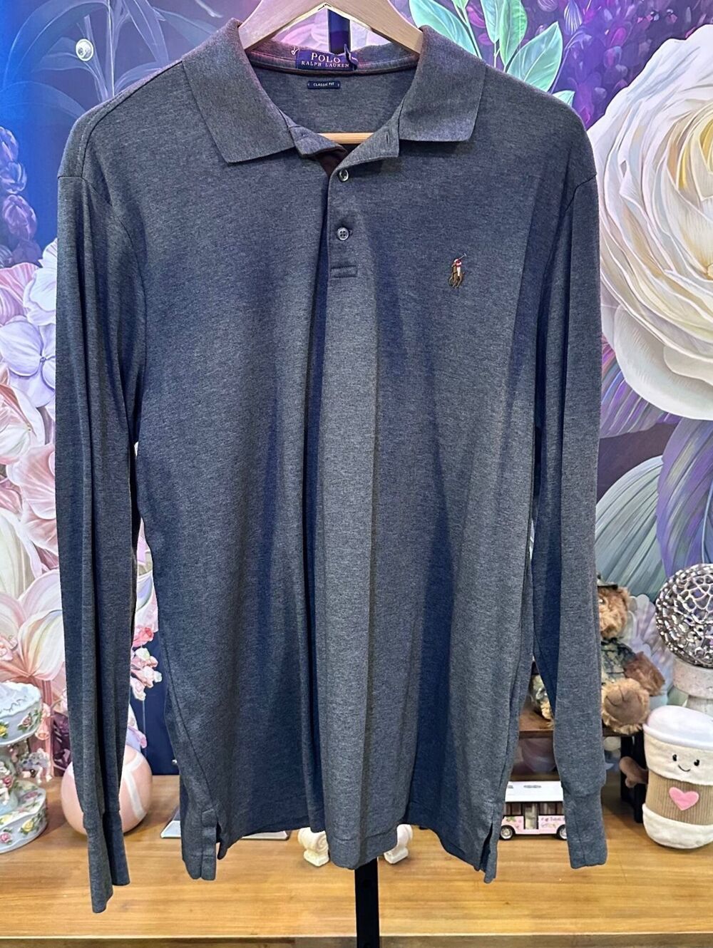 Polo Ralph Lauren Men's L Classic Fit Long Sleeve Polo Shirt Cotton Gray Pony